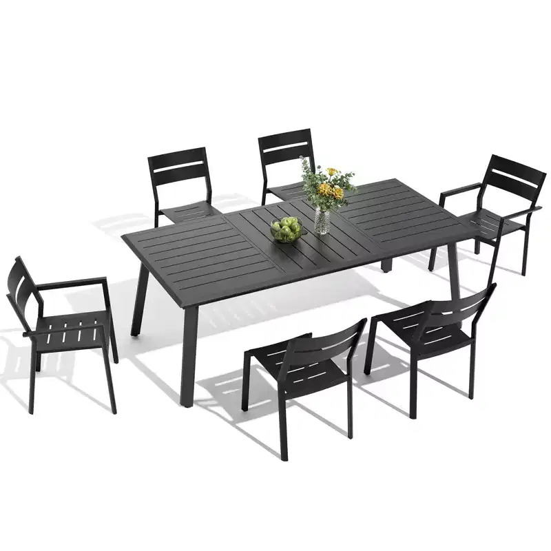 Crestlive Products 7pc Aluminum Patio Dinning Set 82.7in Table and 6 Chairs Aluminum Table Top Black for Outdoor Pool Lawn