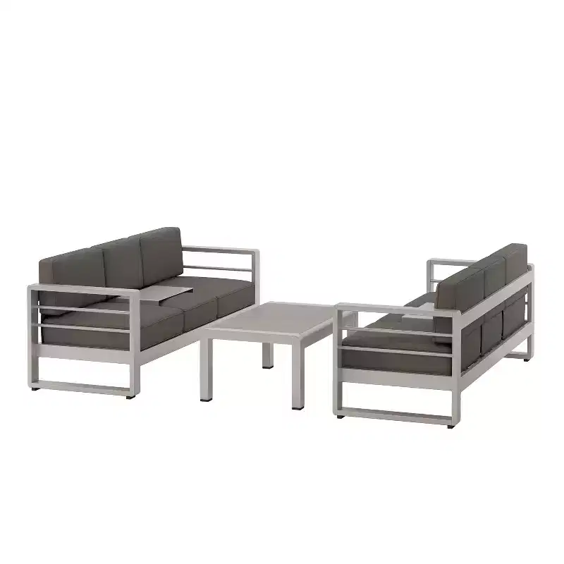 GDFStudio Ava Outdoor Aluminum and Glass 6 Seater Sofa Chat Set with Cushions, Silver/Gray