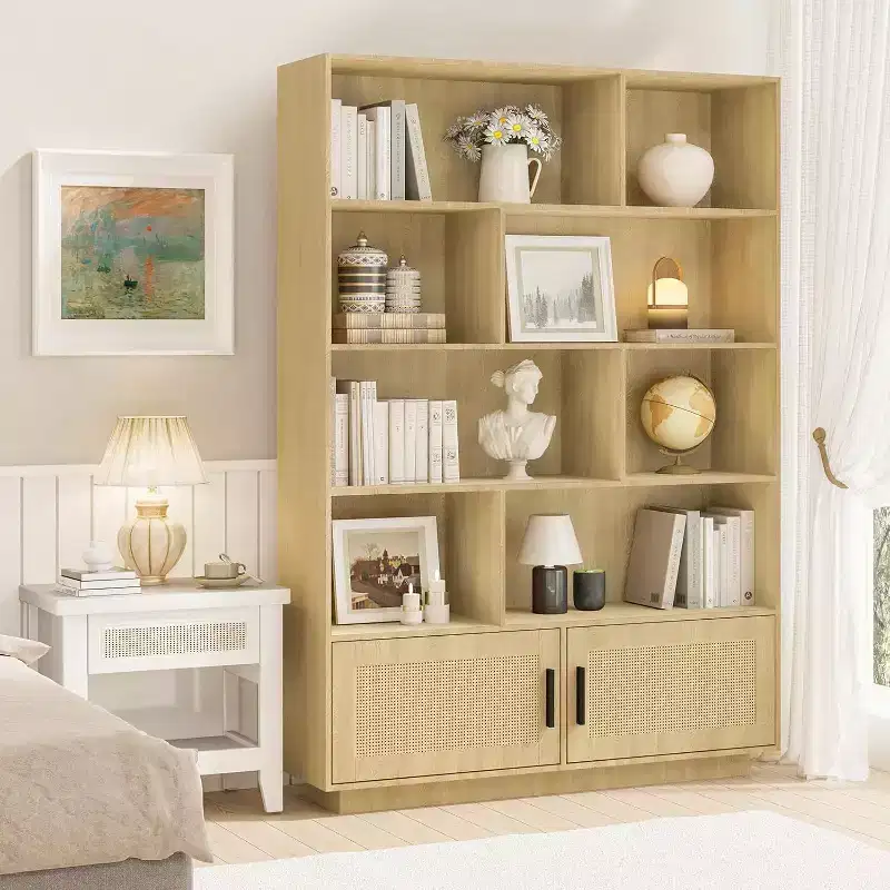 Acekool Rattan Bookshelf with Doors, 5-Tier Boho Farmhouse Storage Shelf, Enclosed Cabinet, Wooden Base, 63 Inch for Living Room Bedroom Office