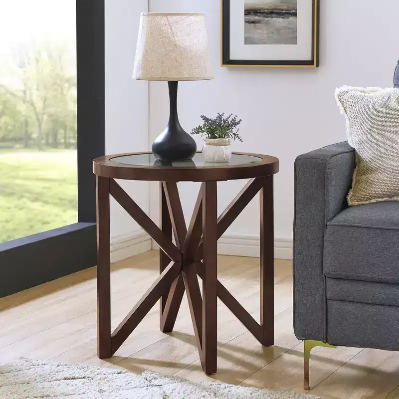 Okak Round Glass Coffee Table, Modern Simple Design, Solid Wood Base, Clear Tempered Glass Top, Living Room Terrace Study Table
