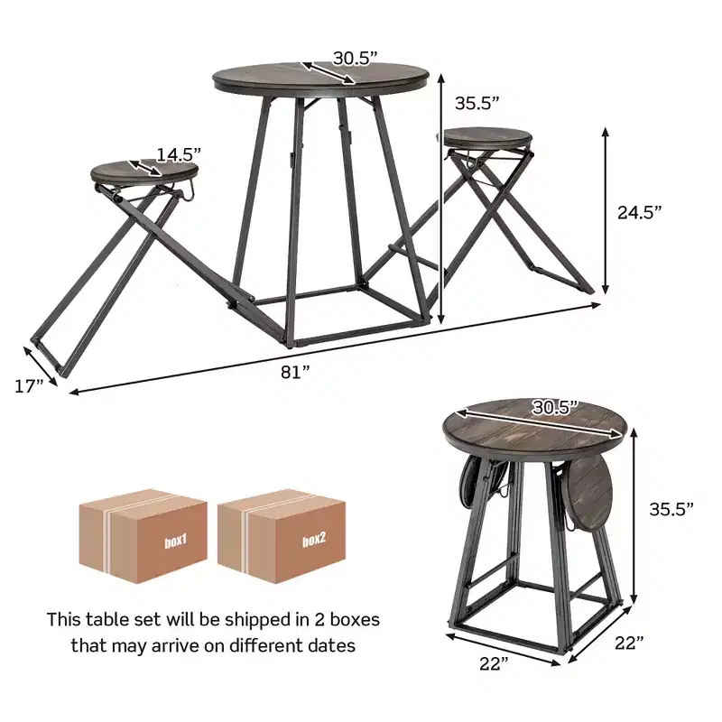 Costway 3-Piece Bar Table Set Round Pub Dining Table & 2 Foldable Stools w/ Metal Frame