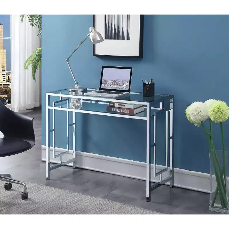 Town Square Chrome Desk with Shelf Chrome - Breighton Home: Tempered Glass, Office, Dorm Storage