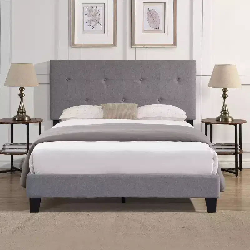 Okak Queen Upholstered Bed Frame with Button Tufted Linen Fabric Headboard, Platform Bed Frame with Wood Slat Support, Wood