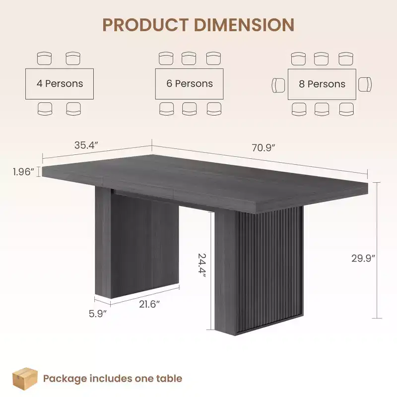 70.8'' Modern Rectangular Dining Table for 6-10, Spacious Tabletop, Fluted Legs, Built-in Storage, Contemporary Home Furniture,Grey/Natural/Nut-Brown