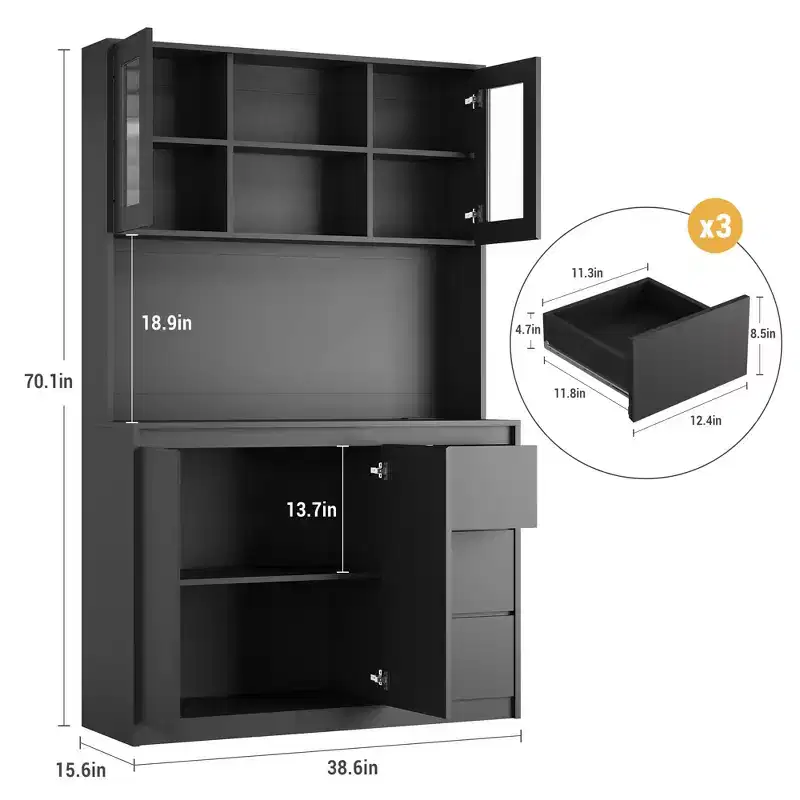 71 Tall Kitchen Pantry Cabinet with LED Lights & Power Outlets, Microwave Stand with Glass Door, Adjustable Shelves, 3 Drawers, Handless Design