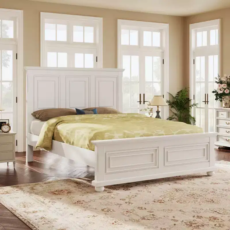 Pinewood Vintage Queen Bed Frame with Decorative Headboard and Footboard