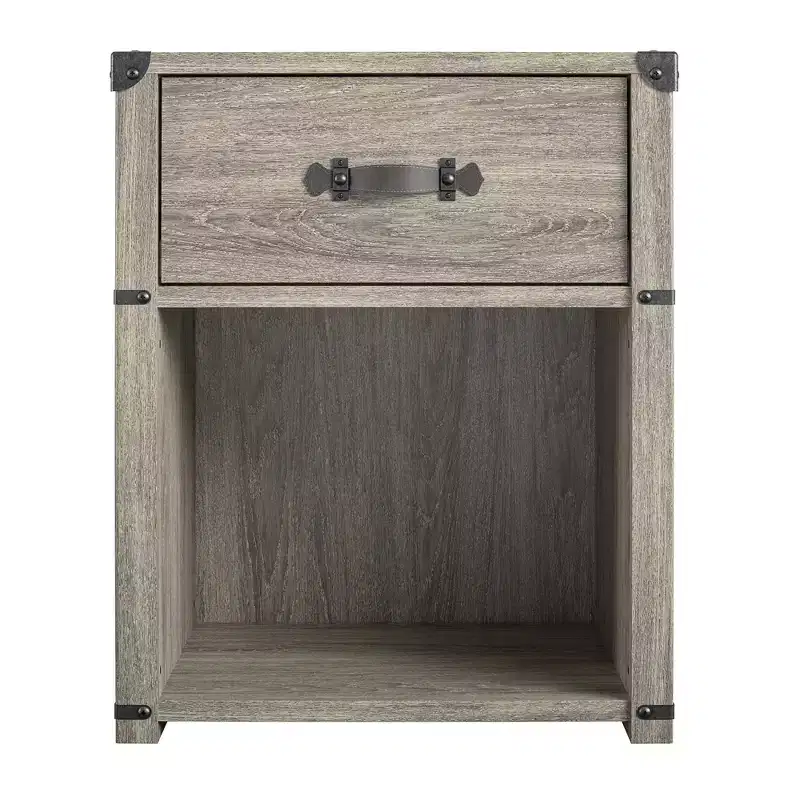 1-Drawer Storage Nightstand with Leather Drawer Pull, Gray Oak