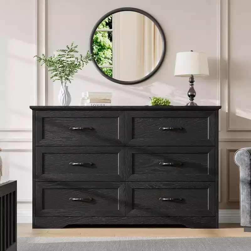 6-Drawer Wooden Dresser for Bedroom with Wide Metal Handles, Modern Farmhouse Style Chest of Drawers, Storage Organizer for Bedroom and Living Room