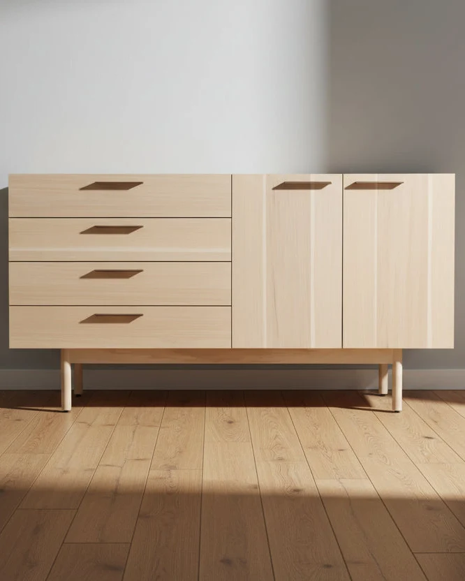 Warm Light Wood Storage Cabinet with Leather Pulls for Living Room