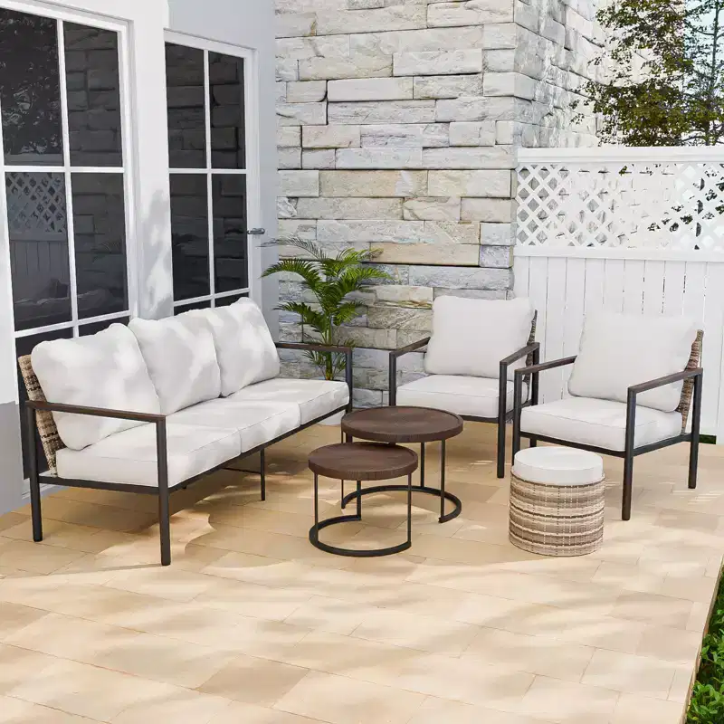 EAGLE PEAK Sunset Dune 6 Piece Collection Modern Outdoor Furniture Set, Patio Wicker Wood Grain Lounge Set