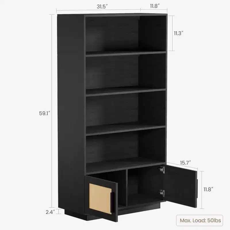 5 Tier Bookshelf, Boho Bookcase with Rattan Doors, Wooden Bookcase and Bookshelf with Storage, Tall Book Stand, Large Bookshelf for Living Room, Home
