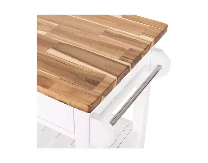 Acacia Wood Top Rolling Kitchen Cart Island Table with Drawers, 38.4 W x 18.5 D, White