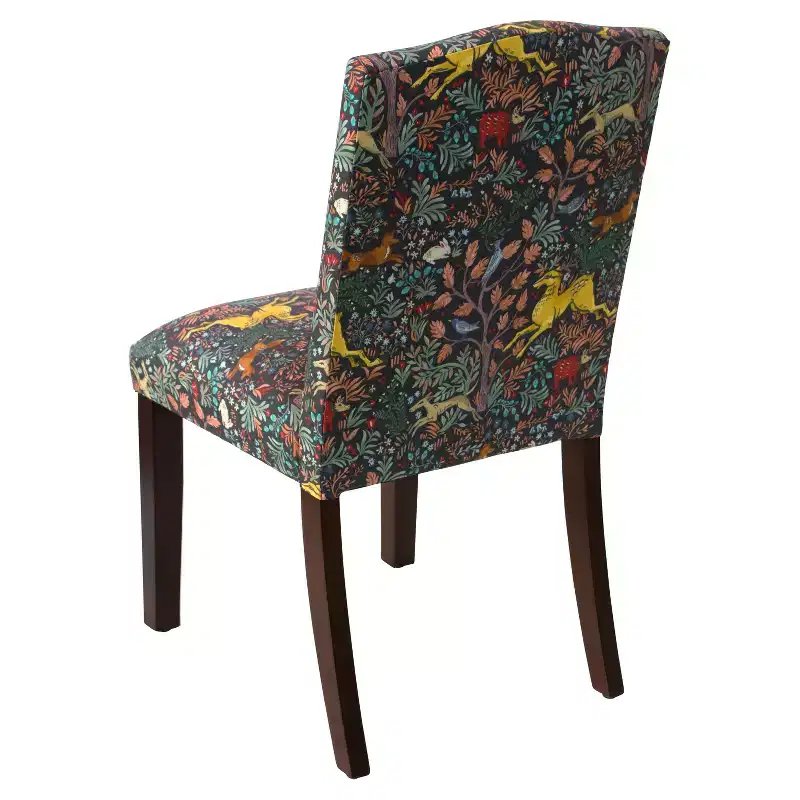 Skyline Furniture Ayala Nail Button Patterned Dining Chair Frolic Navy: Upholstered Linen-Cotton Blend, Camel Back Design, Tapered Wooden Legs