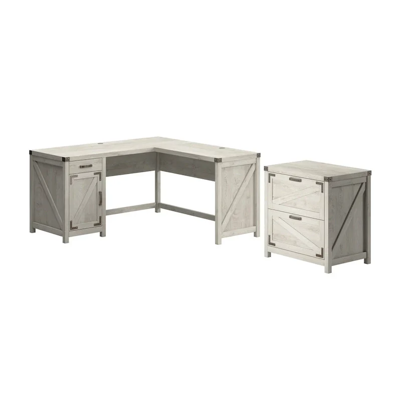 L-Shaped Corner Desk with 2-Drawer File Cabinet – Restored Gray / Reclaimed Pine / Cottage White