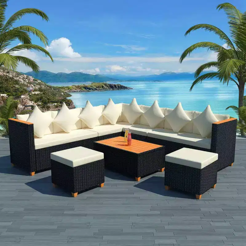vidaXL Patio Furniture Set Set of 7 Black Poly Rattan Large