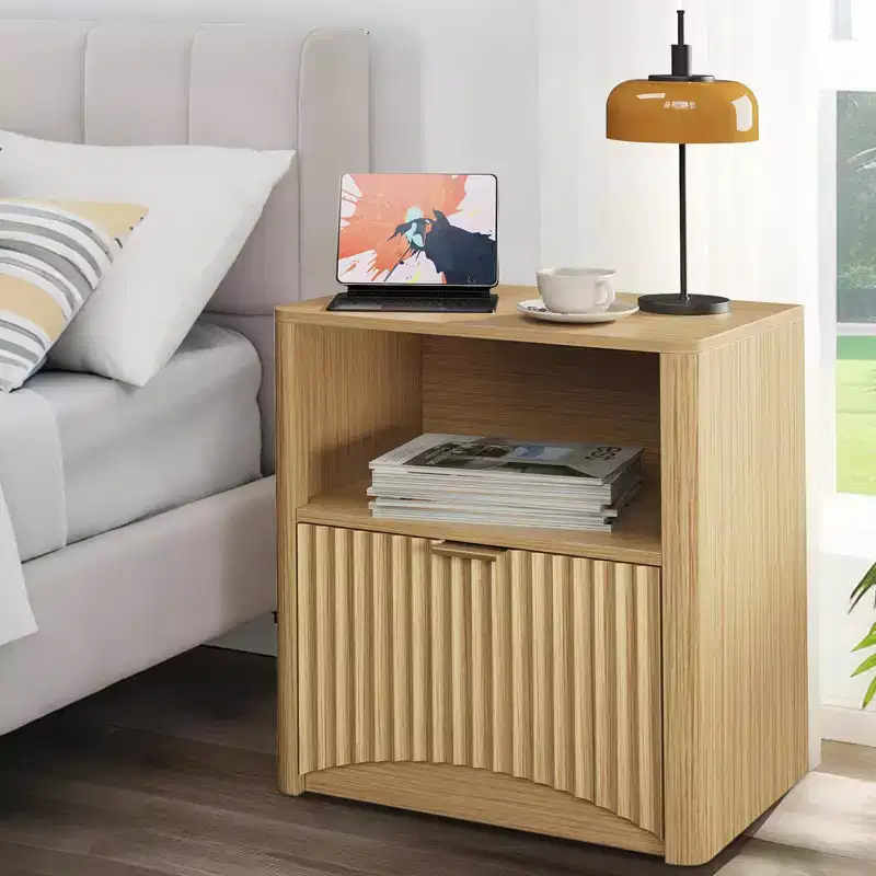 Nightstand Set of 1, Fluted Nightstand with Drawer and Storage, End Table Mid Century Modern, Wooden Nightstand for Bedroom Sofa Office,Oak
