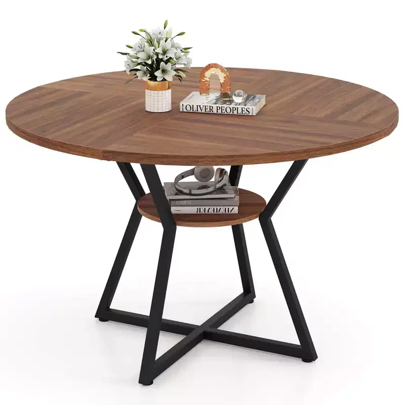 Costway 47 Round Dining Table for 4 with Storage Shelf, Wooden Tabletop, Metal Base