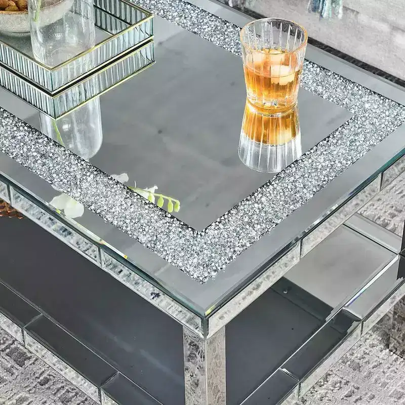 Modern Coffee Table 2-Layer Crystal Mirror Stainless Steel Frame with 4 Mirror Faced Stainless Steel Legs for Home Office Living Room