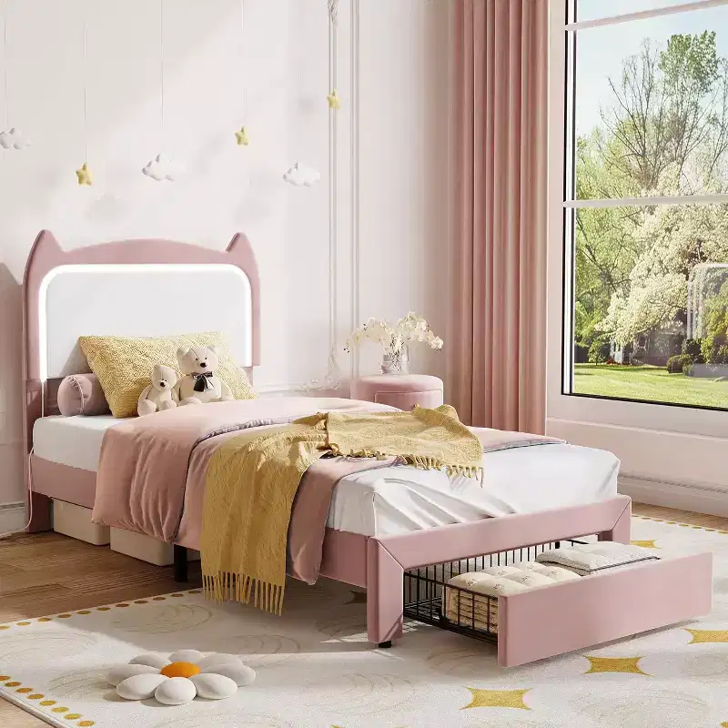 Twin Bed Frame with LED Lights and Underbed Storage, Velvet, for Kids Bedroom