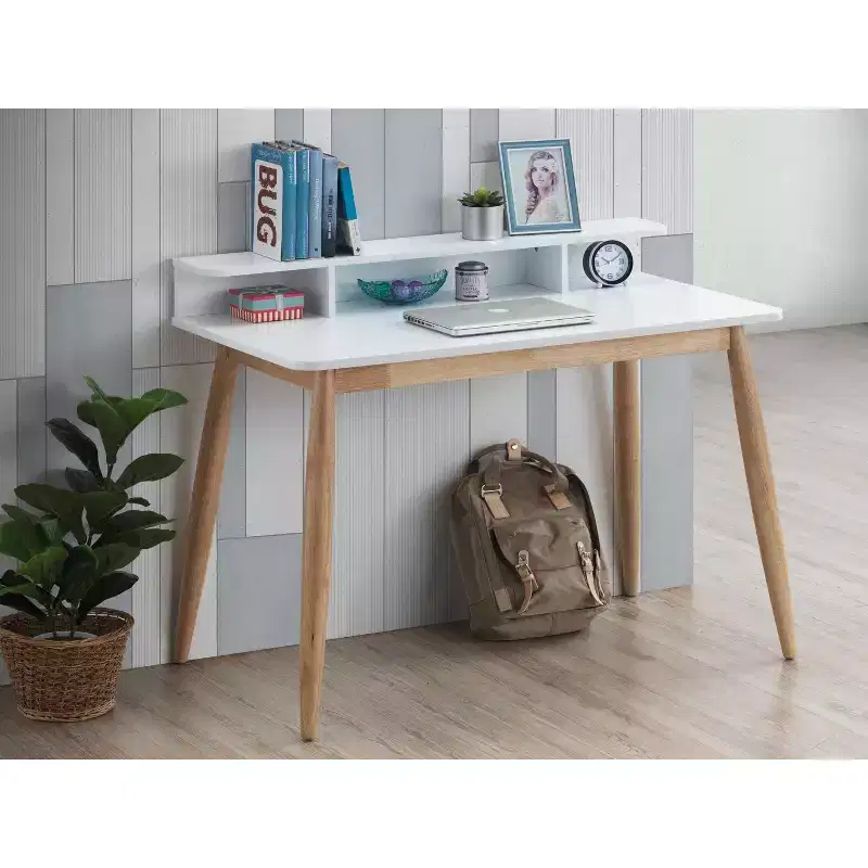 Roundhill Furniture Roskilde Mid-Century Modern Wood Writing Desk with Hutch, White