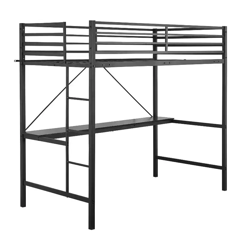 Metal Loft Bed Frame with Desk, Guard Rails and Ladder for Kids, Teens and Adults