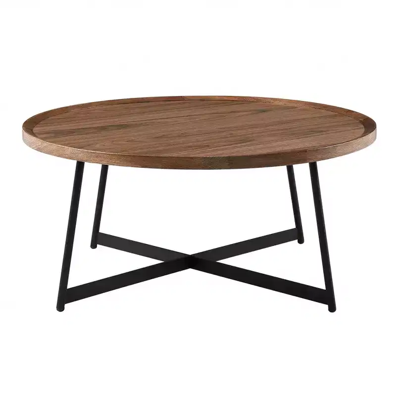 HomeRoots 35 Brown and Black Wood And Metal Round Frame Coffee Table