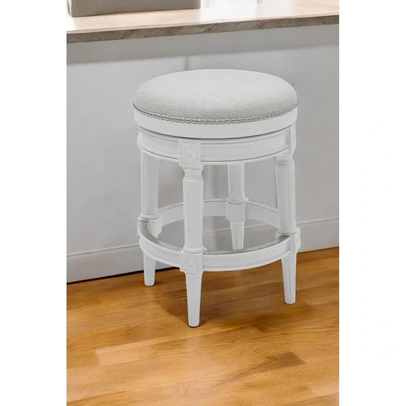 HomeRoots 26 White Solid Wood and Fabric Backless Counter Height Swivel Bar Chair