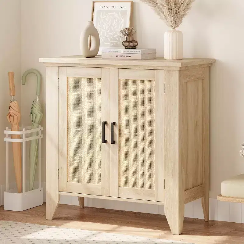 Rattan Sideboard Buffet Cabinet, Small Storage Cabinet with Doors and Shelves, Wood Accent Console Cabinet for Living Room, Dining Room, Kitchen