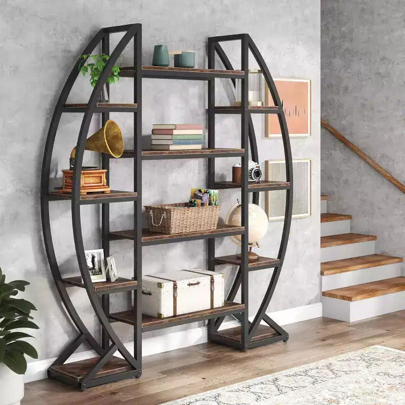 Triple Wide 5-Tier Oval Etagere Bookcase, Industrial Display Shelves, Brown 55