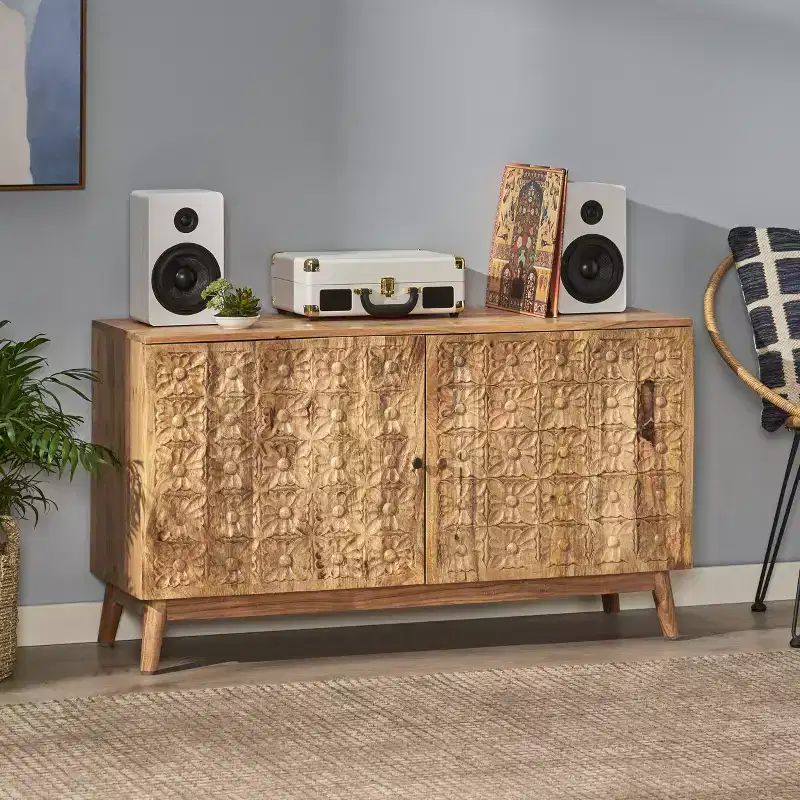 Handcrafted Acacia Wood Storage Sideboard with Carved Floral Accents, 2 Doors & Shelves