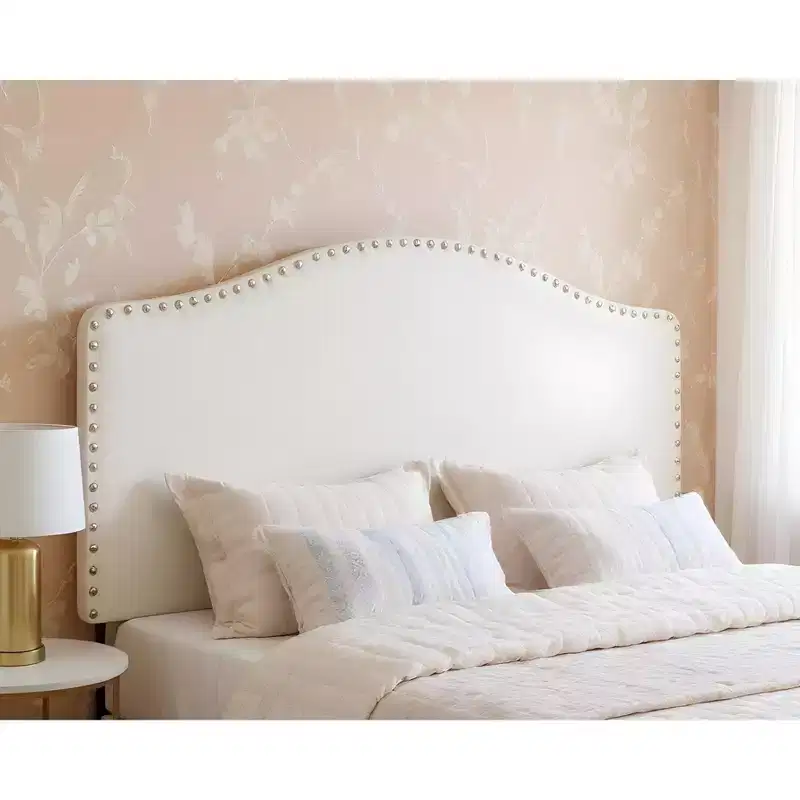 White Faux Leather Upholstered Arched Queen Headboard With Nail Head Trim