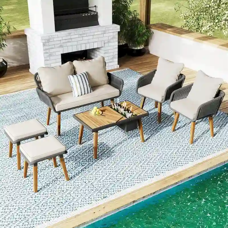 6-Piece Rope Patio Furniture Set with Acacia Wood Cool Bar Table