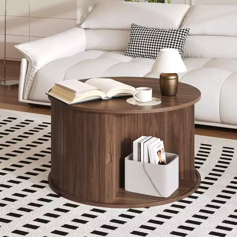 Round Coffee Table with Storage, Fluted Panel Design Coffee Table with Curved Sliding Door and Open Display Shelf, Modern Wooden End Table