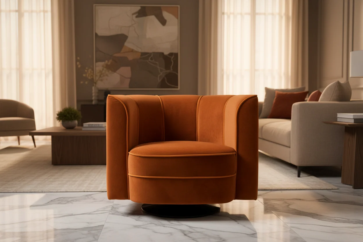Curved Back Velvet Swivel Lounge Chair with Steel Base