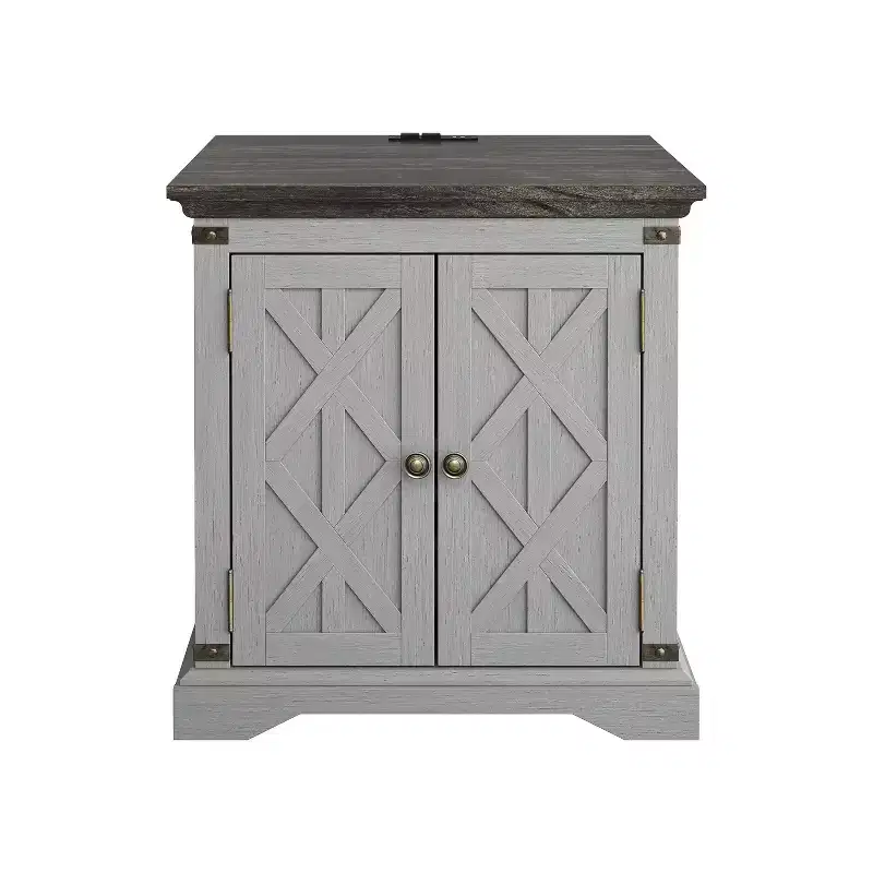 Festivo 2 Door Side Table Gray: Farmhouse Style, Built-in USB/AC Outlets, Adjustable Shelf
