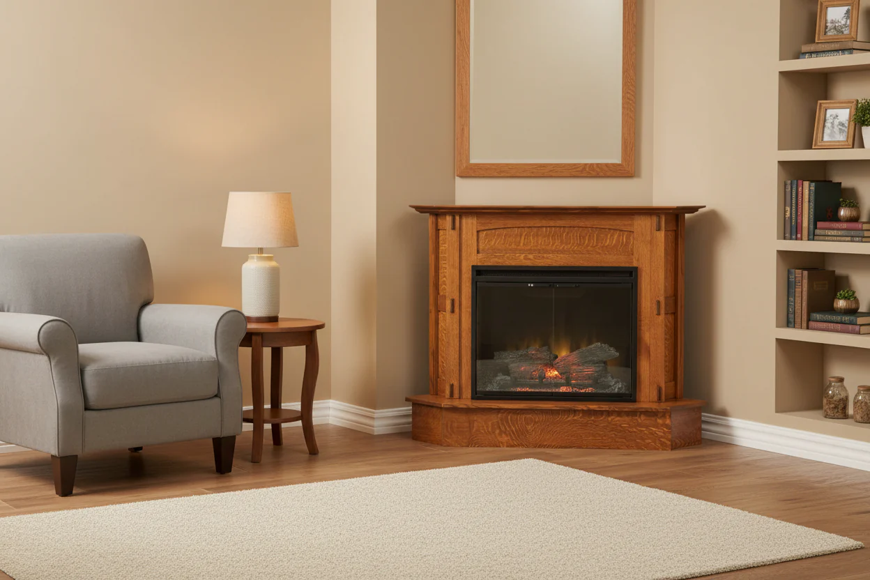 Solid Wood Corner Electric Fireplace with Glass Front and Remote Control