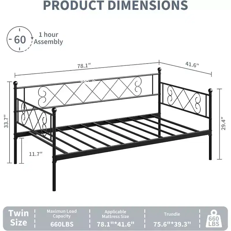 Daybed without Trundle, Twin Size with Heart-Shaped Headboard, Sturdy Metal Sofa Bed for Living/Bedroom/Guest Room, Easy Assembly, Black