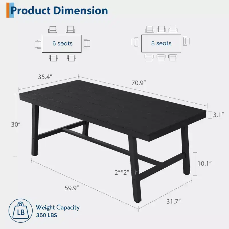 Dining Table for 6-8 People, 78.7 Long Rectangle Kitchen Table, Industrial Farmhouse Wooden Kitchen Tables with Sturdy Metal Frame, for Office Home