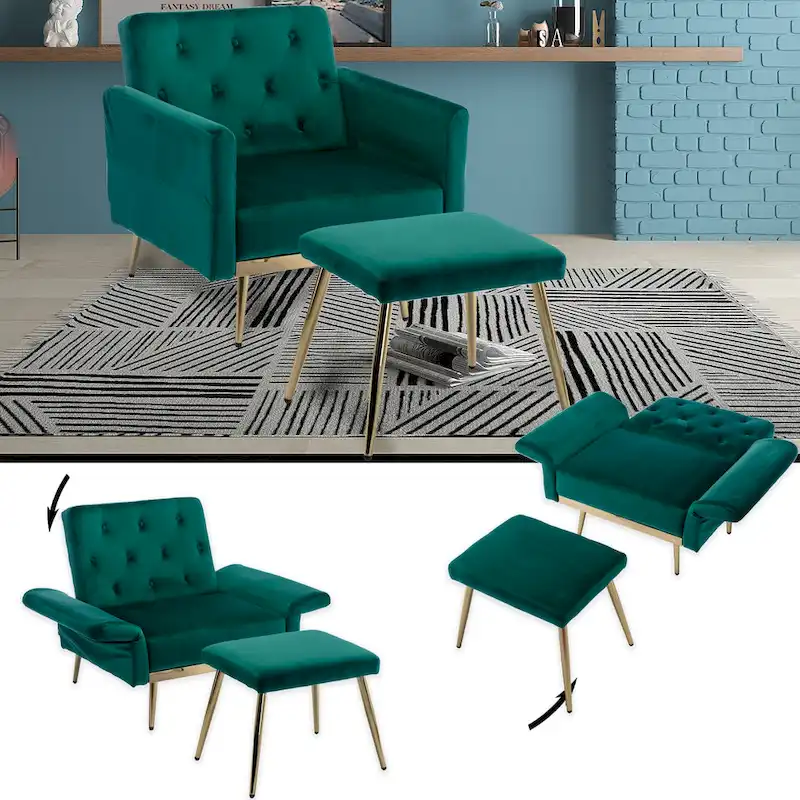 HOMEFUN Velvet Tufted Adjustable Armrests and Backrest Armchair with Ottoman