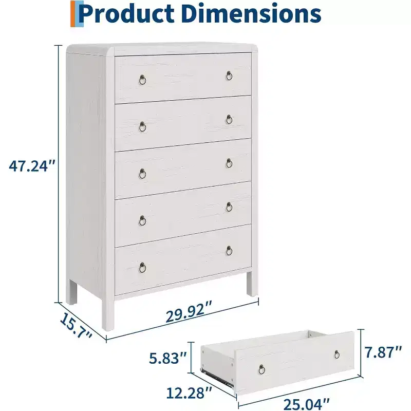 White 5-Drawer Dresser, Modern Chest of Drawers, Wood Storage Clothes Organizer