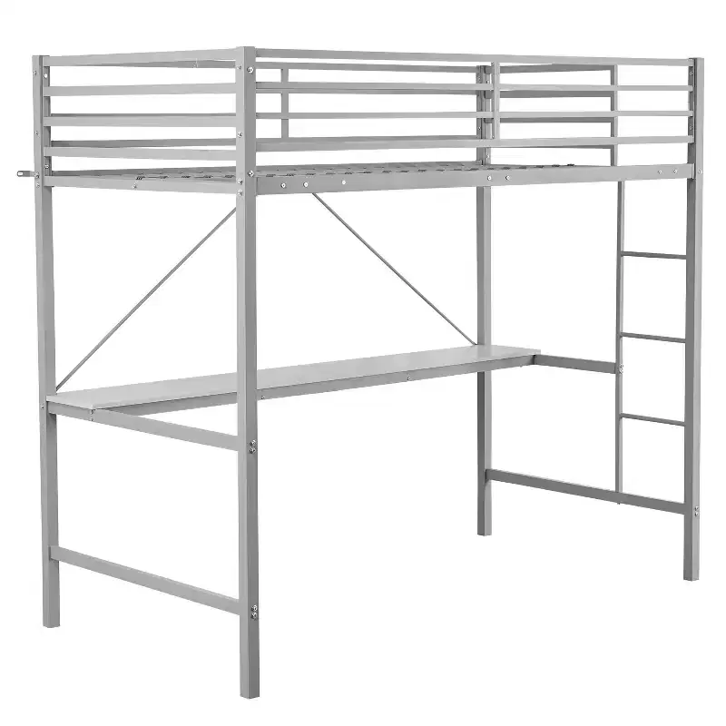 Emma and Oliver Metal Loft Bed Frame with Desk, Protective Guard Rails and Ladder for Kids, Teens and Adults