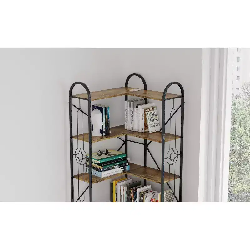 Okak 7-Tier Industrial Coner Shelf, Freestanding L Shaped Bookcase, Display Case for Living Room, Bedroom, Office, Brown