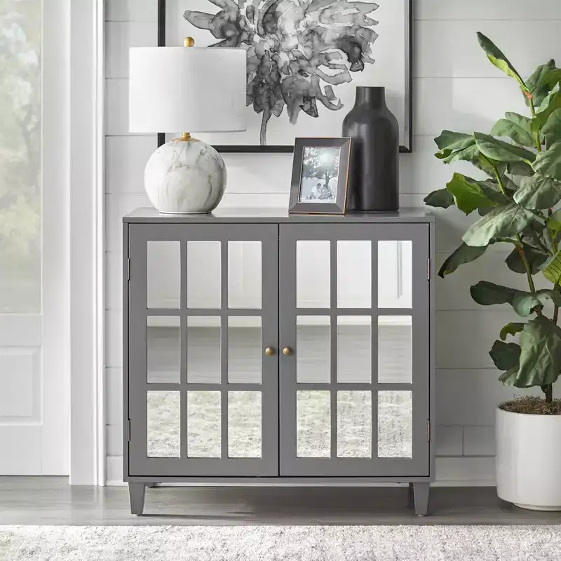 Modern Mirrored Door Cabinet Charcoal Gray: Modern Farmhouse Style, Brass Pulls, Adjustable Shelf