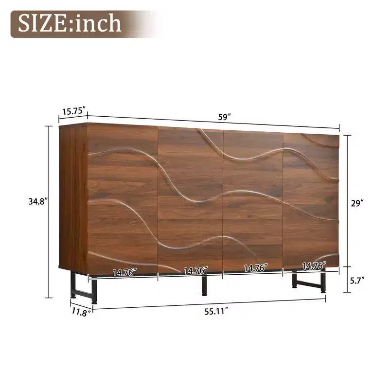 59 Modern Solid Wood Sideboard with Wave Relief & Iron Legs