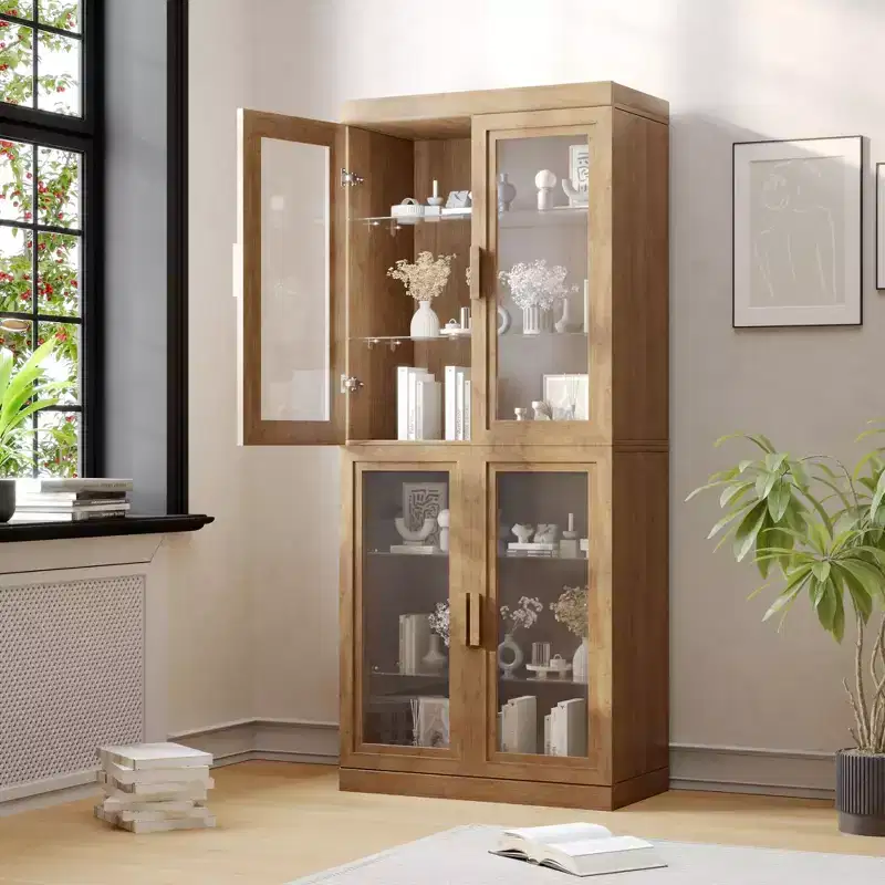 4-Door Glass Storage Cabinet with 4 Shelves