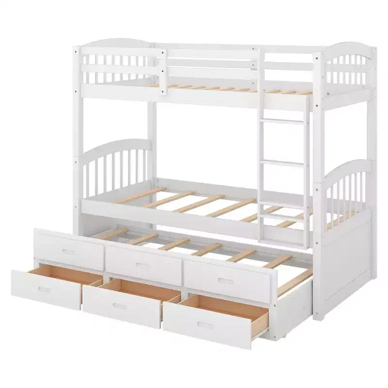 Wood Twin over Twin Bunk Bed with Ladder, Trundle & Drawers