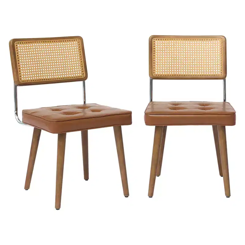 Modern Rattan Dining Chair - Soft Upholstered Seat, Tall Cane Backrest, Solidly Wood Legs - Sturdy Side Chair for Dining Room, Kitchen, or Restaurant