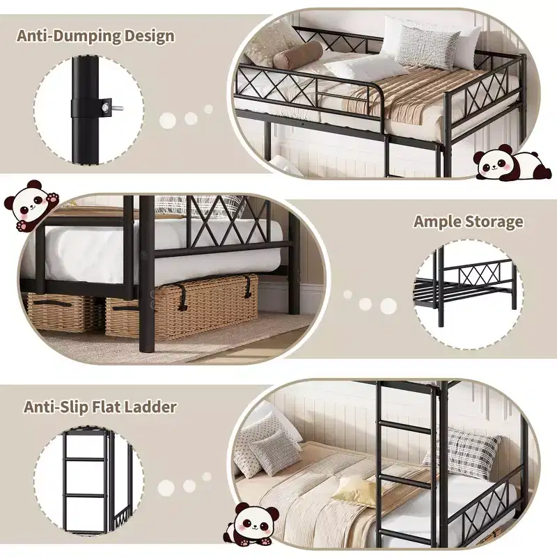 Bunk Bed Twin Over Twin with Extra High Guardrail, Heavy Duty Metal Frame & Sturdy Slats, No Box Spring Needed