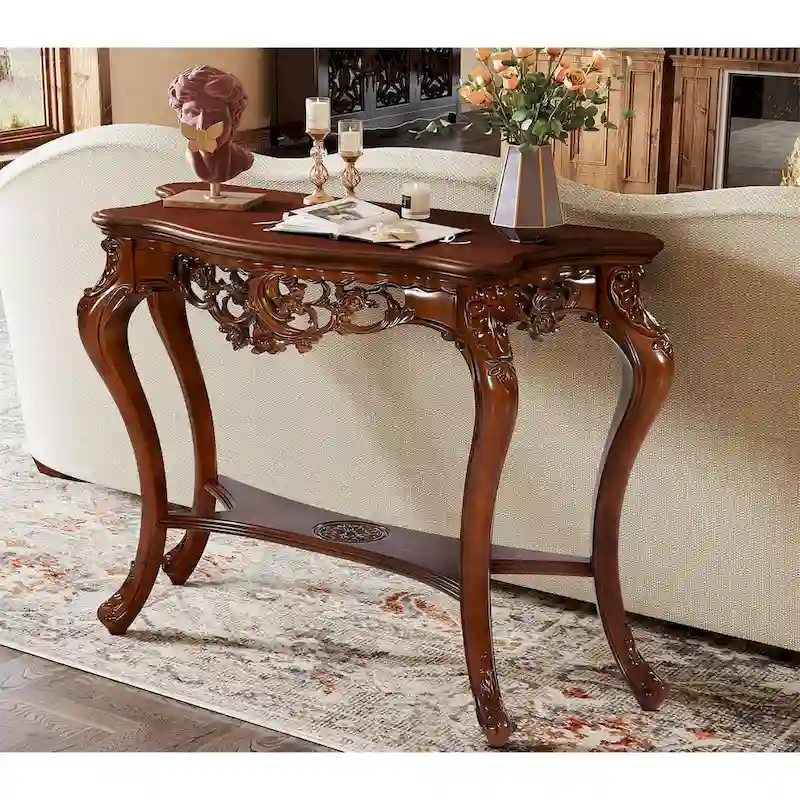 Vintage Carved Console Table with Storage Shelves Sofa Table