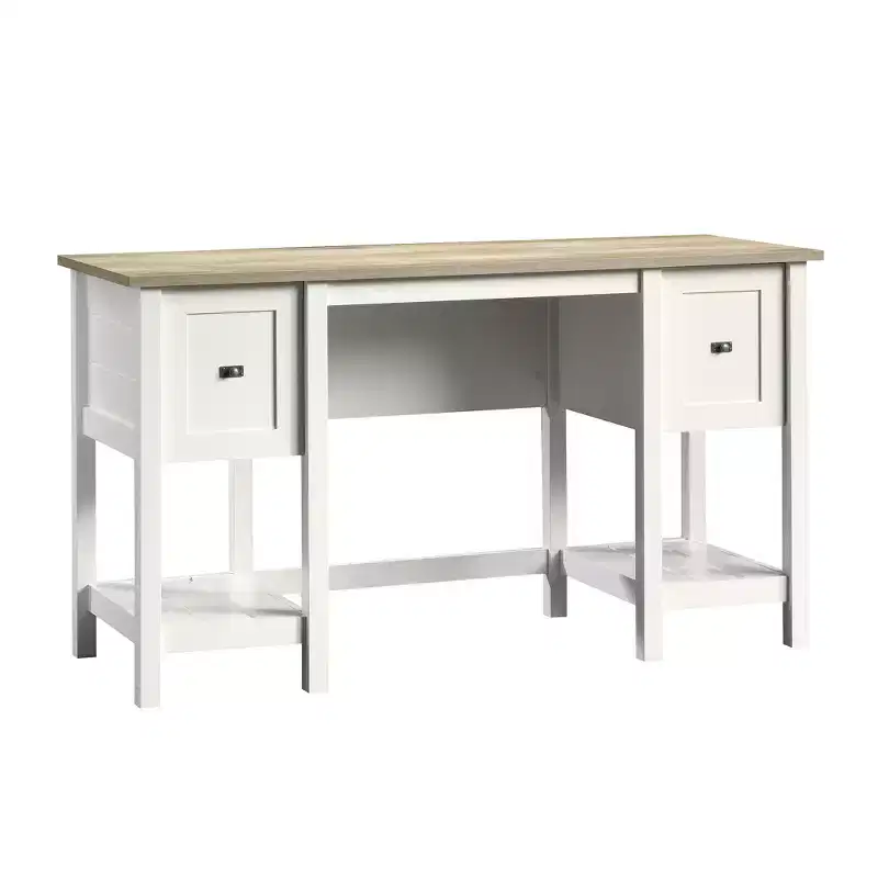 White Wood Desk with Drawers and Open Shelf, 1-Person